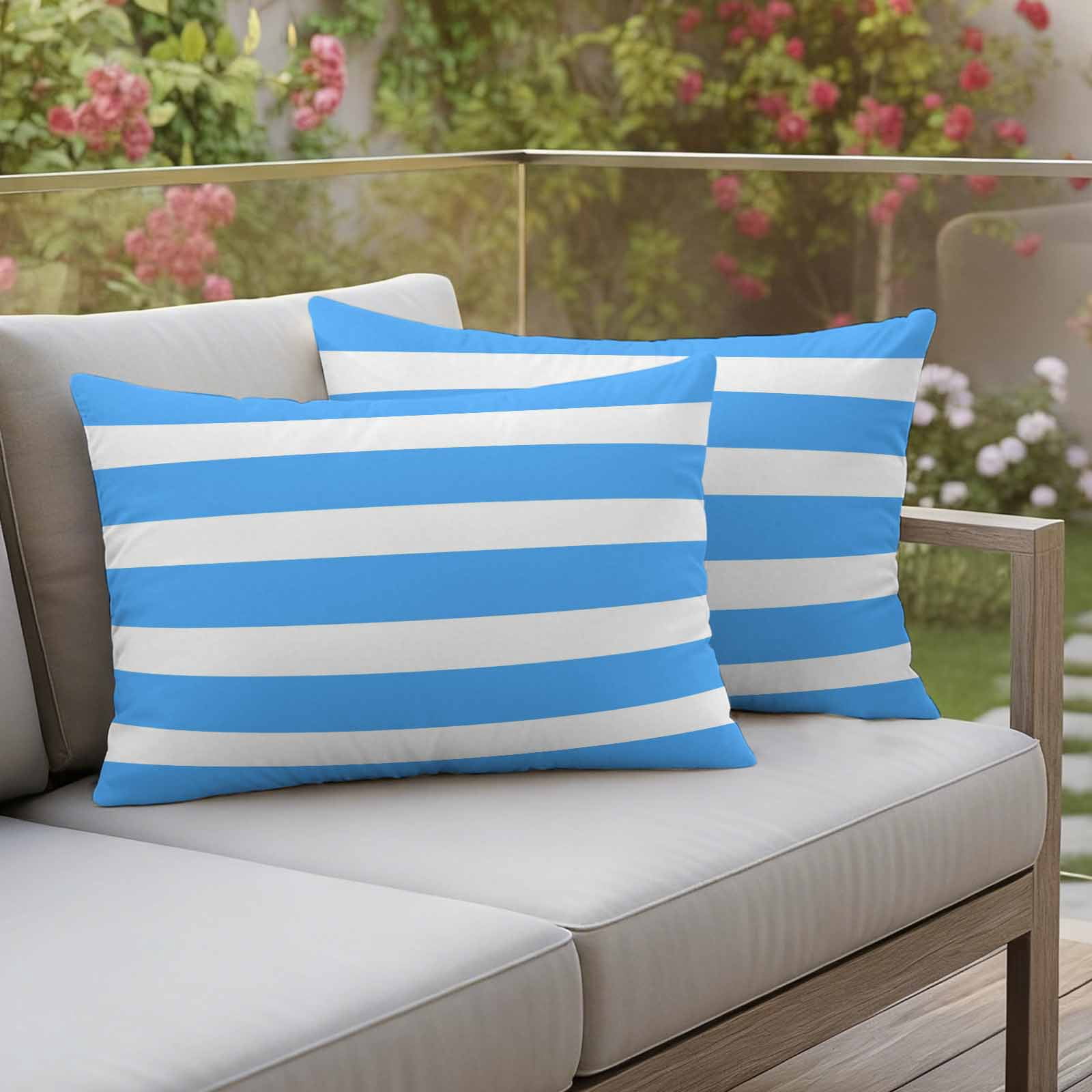 Blue Striped Outdoor Waterproof Pillow Covers, Modern Simple Monochrome Geometric White Decorative Rectangle Throw Pillowcase Sofa Cushion Sham for Patio/Couch/Chair, 20"x12" 2 Pack