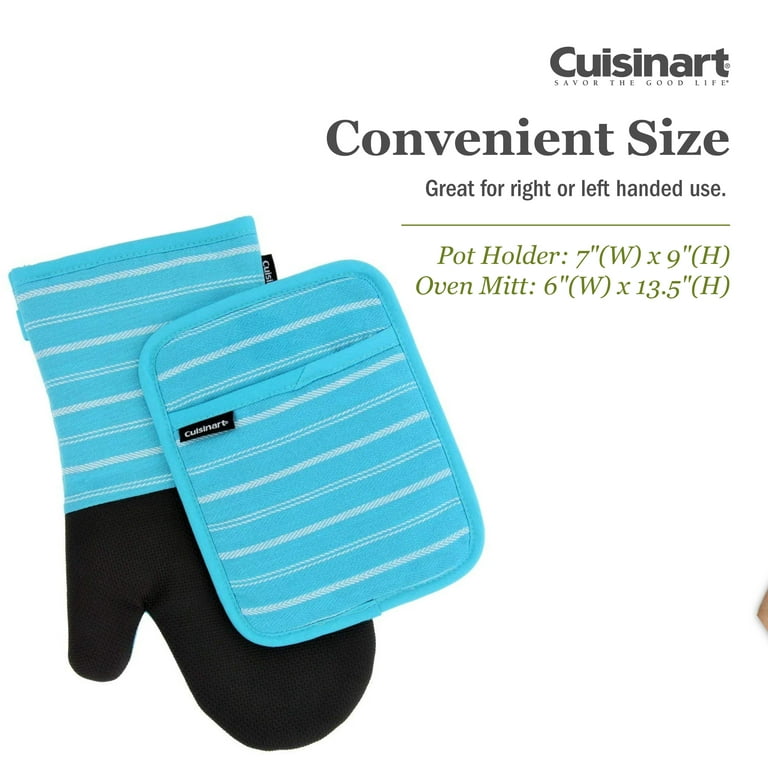 Cuisinart Neoprene Oven Mitt Glove & Rectangle Potholder with Pocket Set,  Twill Stripe, Blue Curacao 
