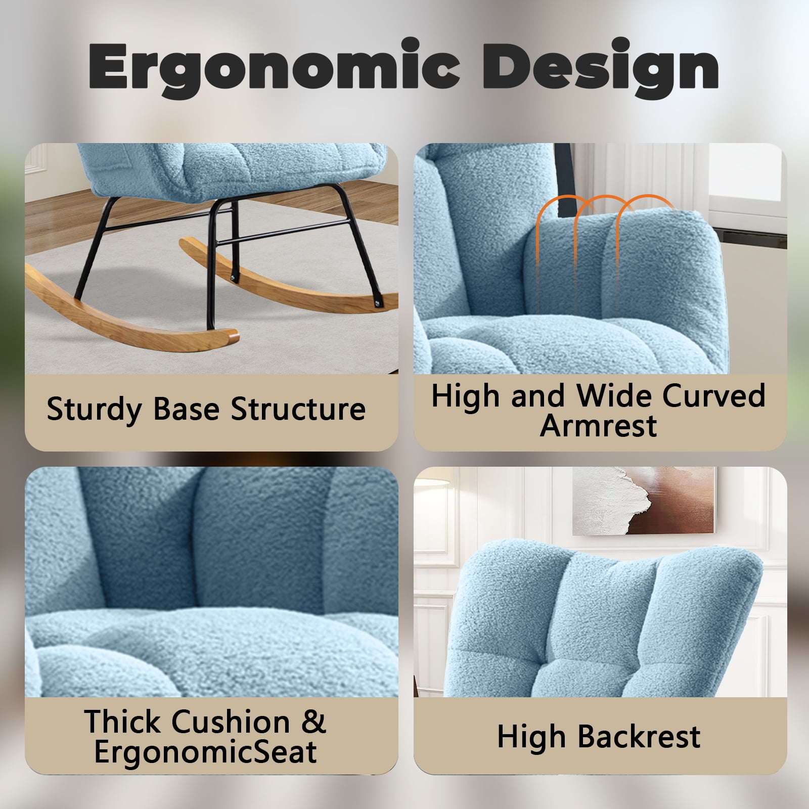 SENCHO GINSYTALIOR Nursery Rocking Chair Teddy Upholstered Glider Rocker,Rocking Accent Chair Padded Seat with High Backrest ,Solid Wood Legs for Nursery Bedroom Living Room(Blue）