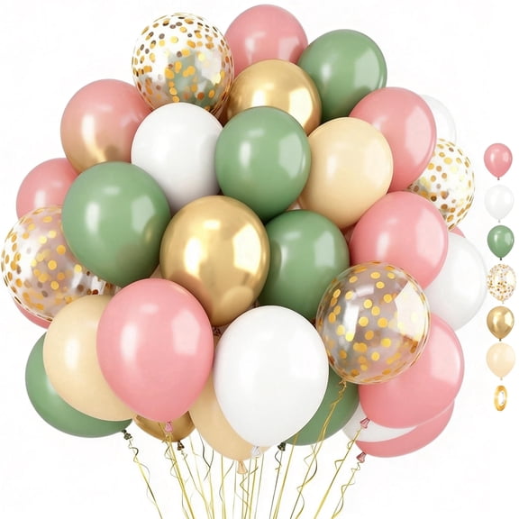 Retro Pink and Green White Metallic Gold Balloons, Sage Green and Dusty Pink Balloons for Birthday Baby Shower Party Decorations