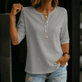 thumbnail image 2 of Womens Elbow Length Sleeve T-Shirts 3/4 Sleeve Casual V Neck Buttons Tops Solid Color Loose Fit Summer Beach Vacation Shirts, 2 of 5