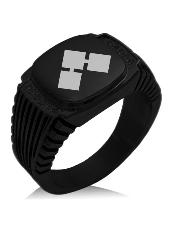 Stainless Steel Saito II Samurai Crest CZ Ribbed Needle Stripe Pattern Biker Style Polished Ring