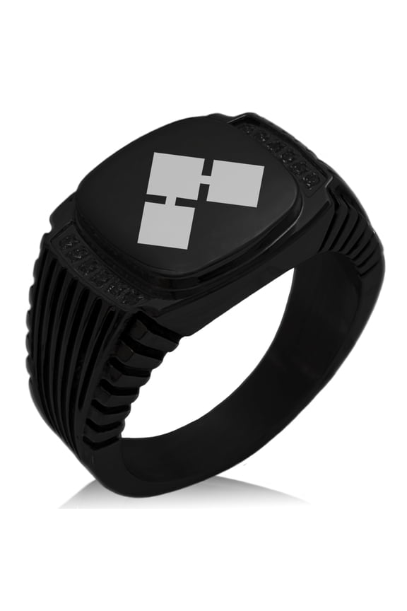 Stainless Steel Saito II Samurai Crest CZ Ribbed Needle Stripe Pattern Biker Style Polished Ring