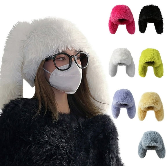 Eltusu Women Fleece Hat, Warm Rabbit Ear Comfy Windproof Winter Hat White Size Free Size