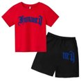 thumbnail image 3 of Ropa para niños con estampado de marca gótica, conjunto de camiseta y pantalones cortos de verano para adolescentes, 2 piezas, manga corta, moda informal para niños y niñas, 3 of 5