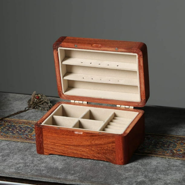 Vintage Wood Jewelry Box With Necklace Hooks, Elastic Pocket, 2