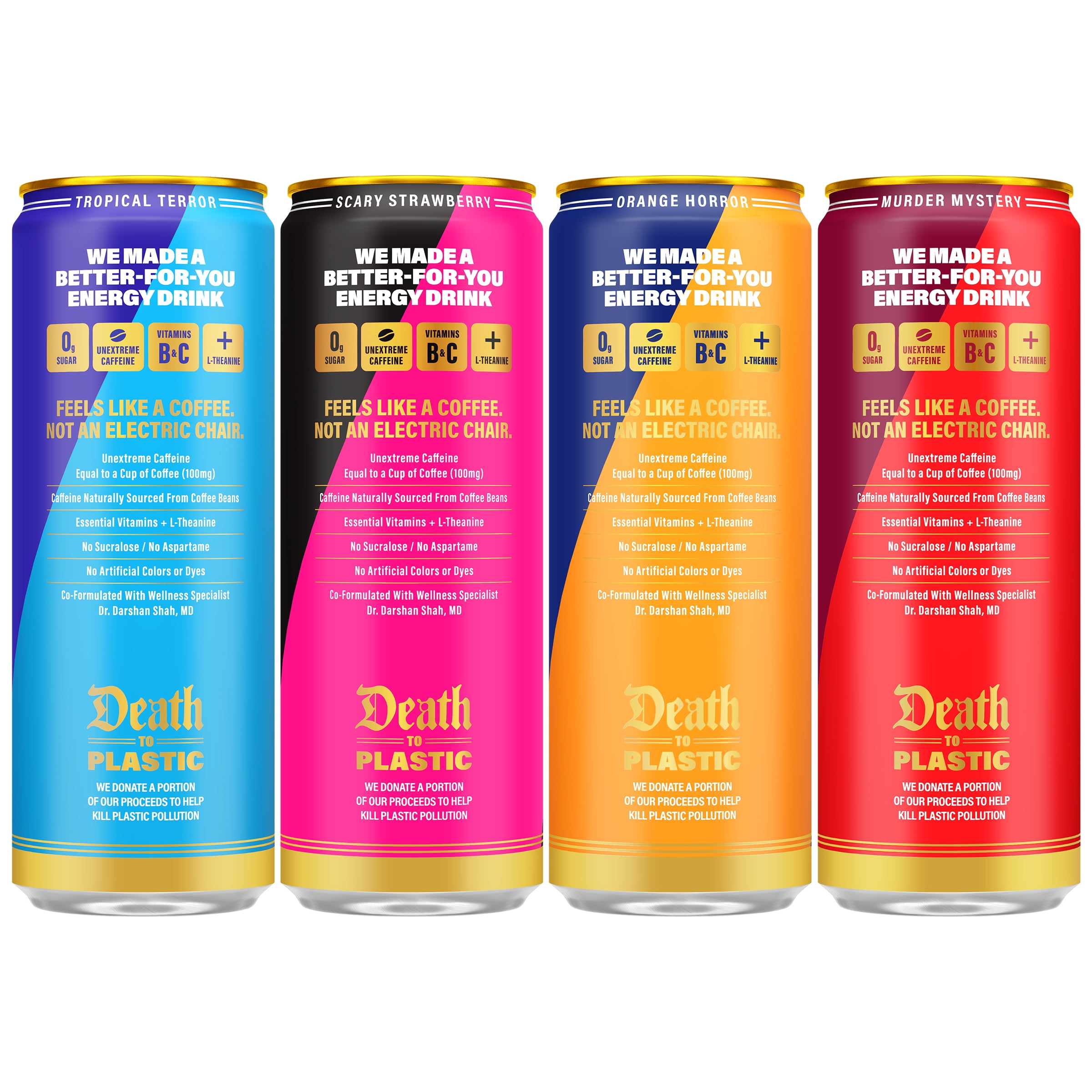 Liquid Death Sparkling Energy Variety Pack, Zero Sugar Energy Drink, Unextreme Caffeine 100mg, Essential Vitamins, 4 Flavors: Strawberry, Tropical, Orange, and Murder Mystery, 12 fl oz (Pack of 12)
