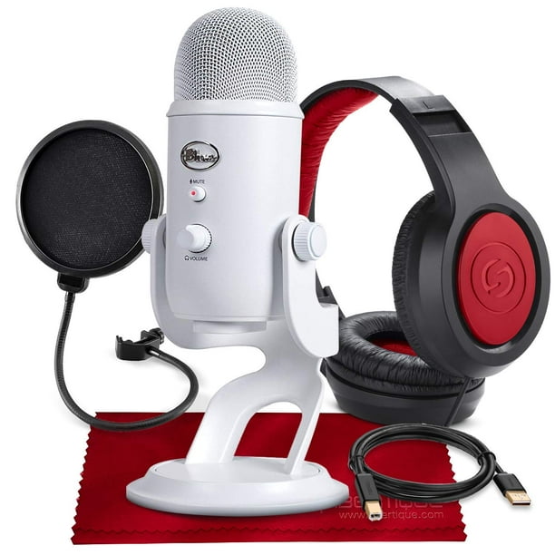 Microphone USB Blue Yeti (Whiteout) avec casque de studio et pack  d'accessoires de filtre anti-pop 