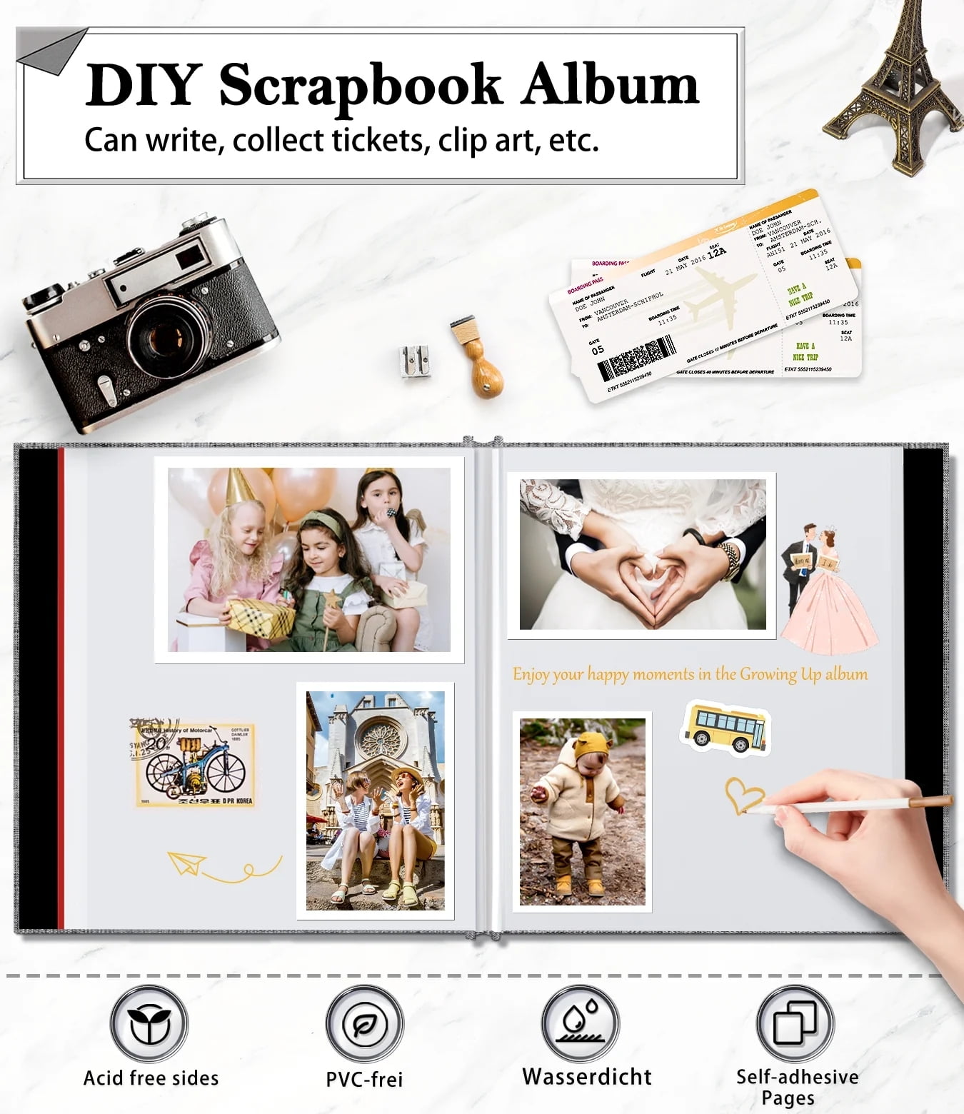 Bevtee 60 Pages Large Photo Album Self Adhesive 4x6 5x7 8x10 Scrapbook DIY Picture, with Pen and Plastic Board,Perfect for Moms, Families, Babies, and Weddings, Grey, 13" x 12.6"