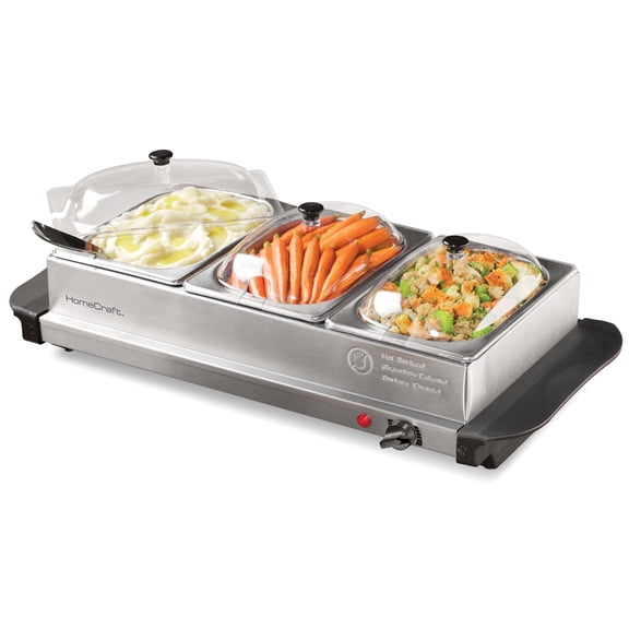HomeCraft 1.5 qt Buffet Server Food Warmer, 3 Station Warming Tray with Stainless Steel Base