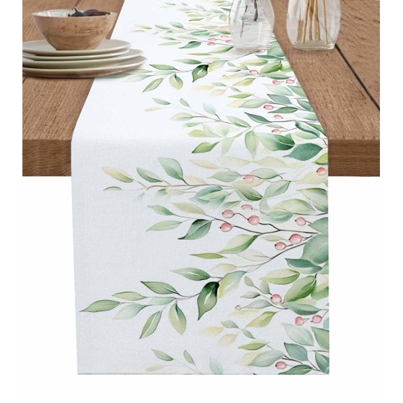 Ldtrchee Summer Eucalyptus Leaves Table Runner 36 Inches, Spring Botanical Watercolor Leaf Bed Runner Dresser Scarves Tabletop for Indoor Outdoor Parties/Ceremony/Banquet, 13"x 36"