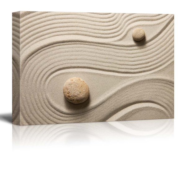 Wall26 - Two Stones in a Japanese Rock Garden from above with a raked snaking design - Canvas Art Home Decor - 12x18 inches
