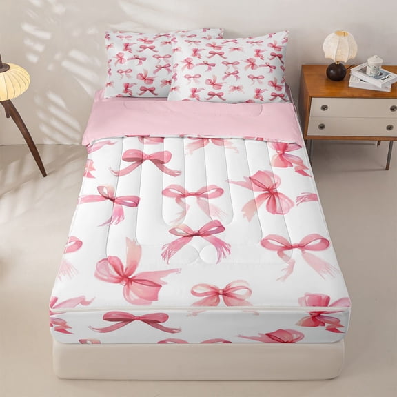 Homewish Pink Cute Bowknot Zipper Twin Comforter Sets with Fitted Sheet and 2 Pillowcases,Cartoon Coquette Bowknot Zipper Bedding Set For Kids,Pink Reversible,4-Piece