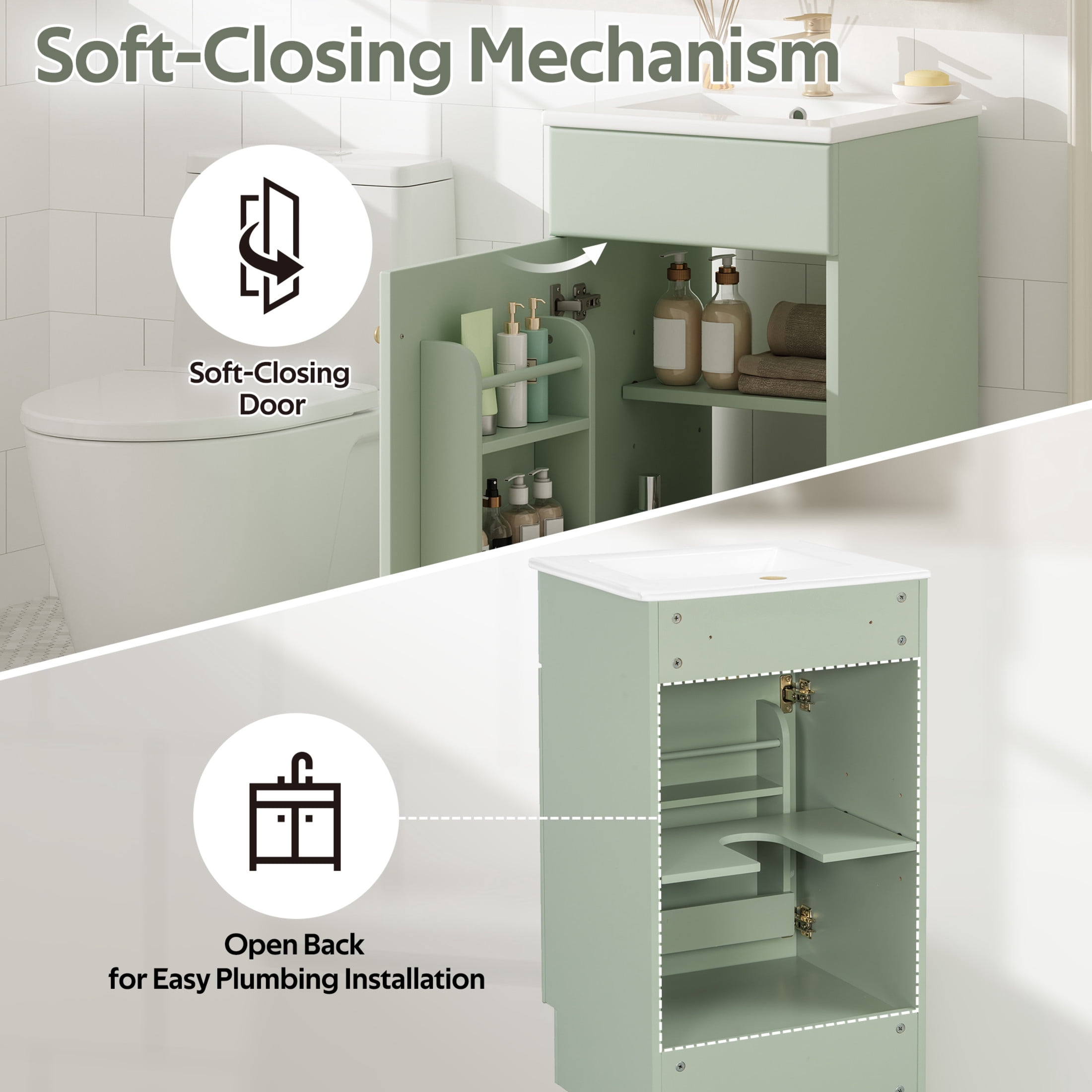 Christopher Knight Home Modern 18" Bathroom Vanity Cabinet with Ceramic Sink, Soft-Close Door, and Adjustable Storage, Light Green