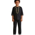 thumbnail image 3 of Kids' Gold Thread Embroidery 2-Piece Suit Set, 2026 New Half Button Round Neck Long Sleeve Top and Matching Straight Leg Pants, Formal Occasion Outfit for Boys and Girls - Black, 3 of 7