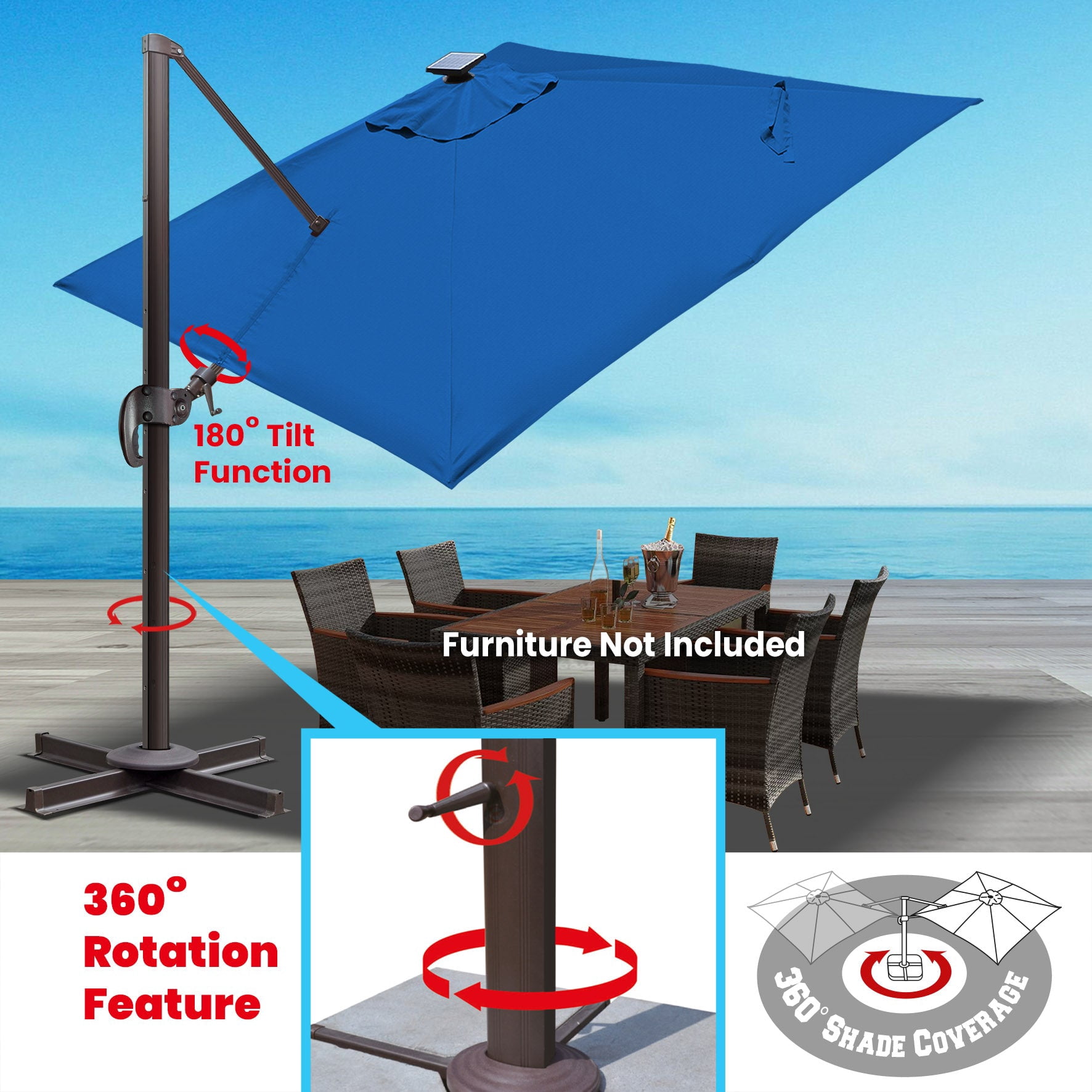 SUNRISEUMBRELLA Square 10'x10' Deluxe Roma square cantilever umbrella, With solar LED light(Blue)
