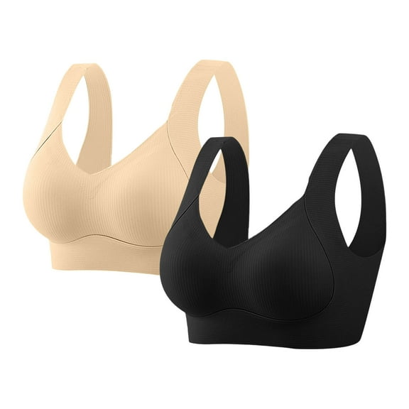 Qulqfy Beige Women Bra Push Up Seamless Plus Size 2 Pack Full Coverage V Neck Wirefree Supportive Wide Straps Bras T Shirt Bra L