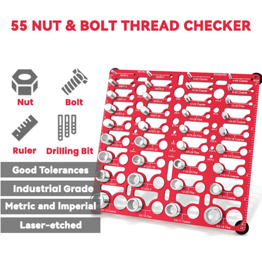 55 Size Thread Checker, Bolt and Nut Identifier Gauge with 20 Imperial & 16 Metric, Wall-Mountable Bolt Size Finder with 19 Drill Bit Gauges, Essential Mechanic Tool for Workshop, Garage & DIY