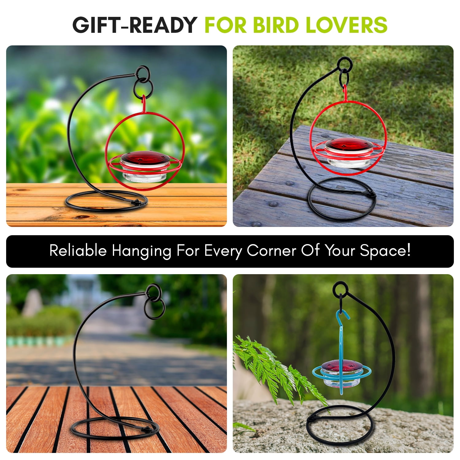 Mosaic Birds Metal Hummingbird Feeders Stand for Outdoors - Traditional Bird Feeder Holder for Garden - Black