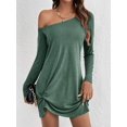 thumbnail image 4 of Womens One Shoulder Tunic Long Sleeve Solid Twist Hem Mini Dress Dressy Casual Loose Spring Summer Dress Green M, 4 of 9