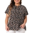 thumbnail image 1 of Blusa de verano casual de mujer plus size con cuello atado y mangas cortas, estampado floral, Agnes Orinda, talla 3X, color marrón, 1 of 6