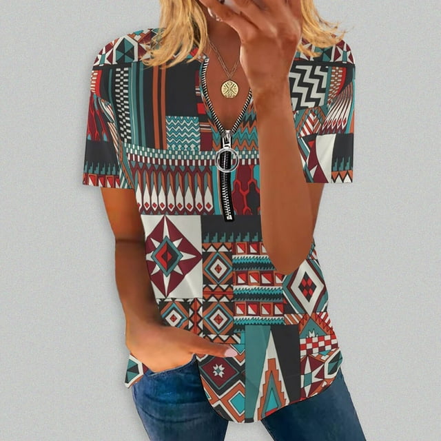 Hauts d'Été Grande Taille pour Femmes Mode Décontractée Confortable Col en V Fermeture à Glissière Imprimé Manches Courtes Blouse Col en V T-Shirt Femmes en Liquidation