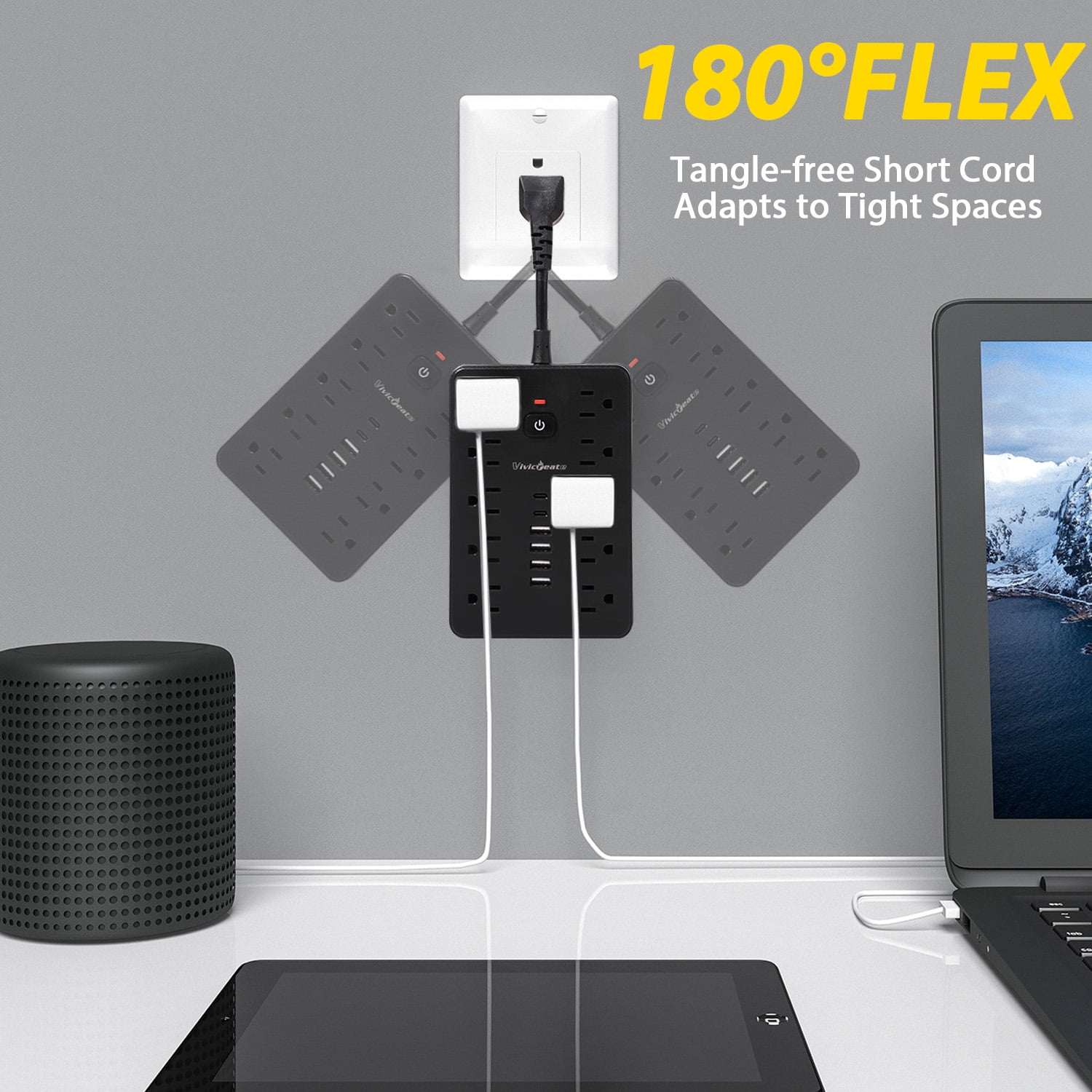 Vivicreate 16-in-1 Power Strip with 10 AC Outlets, 4 USB-A & 2 USB-C Ports, Flat Plug Short Extension Cord, Compact Surge Protector for Home, Office, Desk & Travel