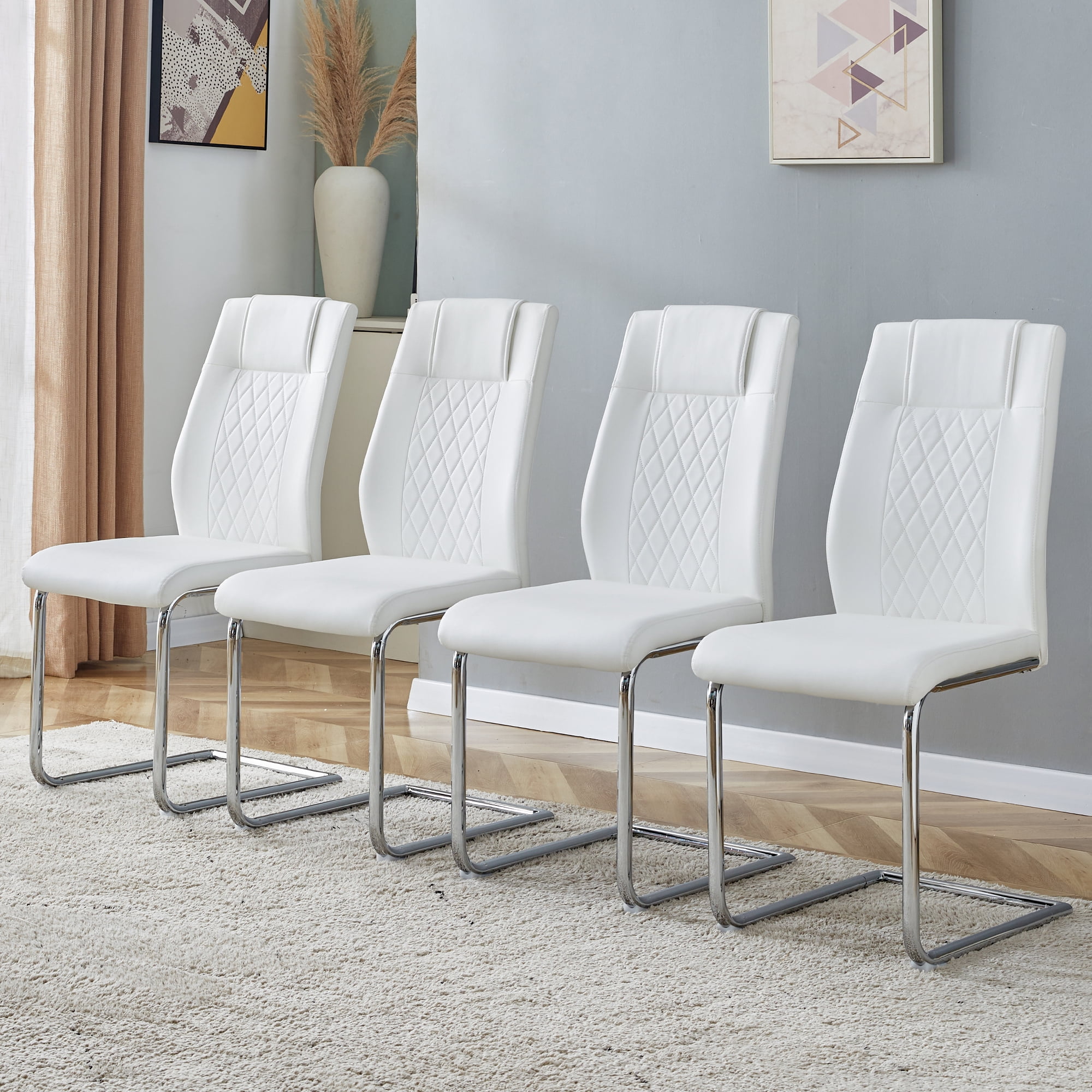 NYEESS Set of 4 White High Back Dining Chairs Armless with Waterproof Faux Leather Upholstered Seat Chrome Metal Legs for Kitchen Dining Room