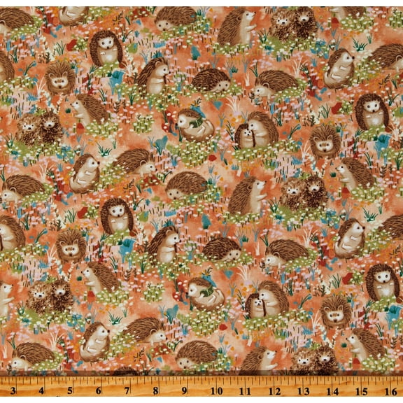 Cotton Hedgehogs Woodland Animals Nature Hedgehog Village Orange Cotton Fabric Print by the Yard (12013743)