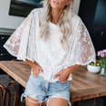 thumbnail image 6 of Women Lace Embroidered Blouse Batwing Short Sleeve Peplum Loose Casual Top White S, 6 of 7