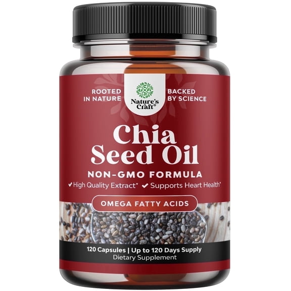 Natures Craft Chia Seed Oil Supplement with Omega 3 6 9 for Heart & Digestive Health Support, 120 Ct