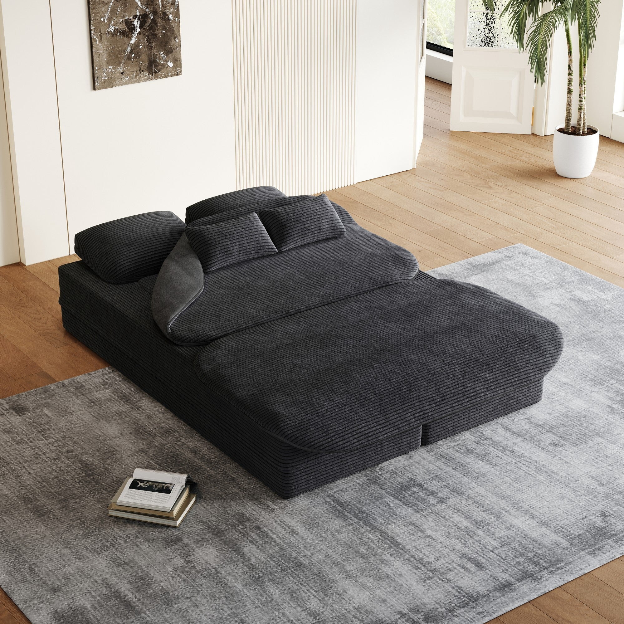 Sailvan 75" Convertible Sleeper Sofa, Corduroy Floor Couch to Full Bed with Blanket and 4 Pillows Black