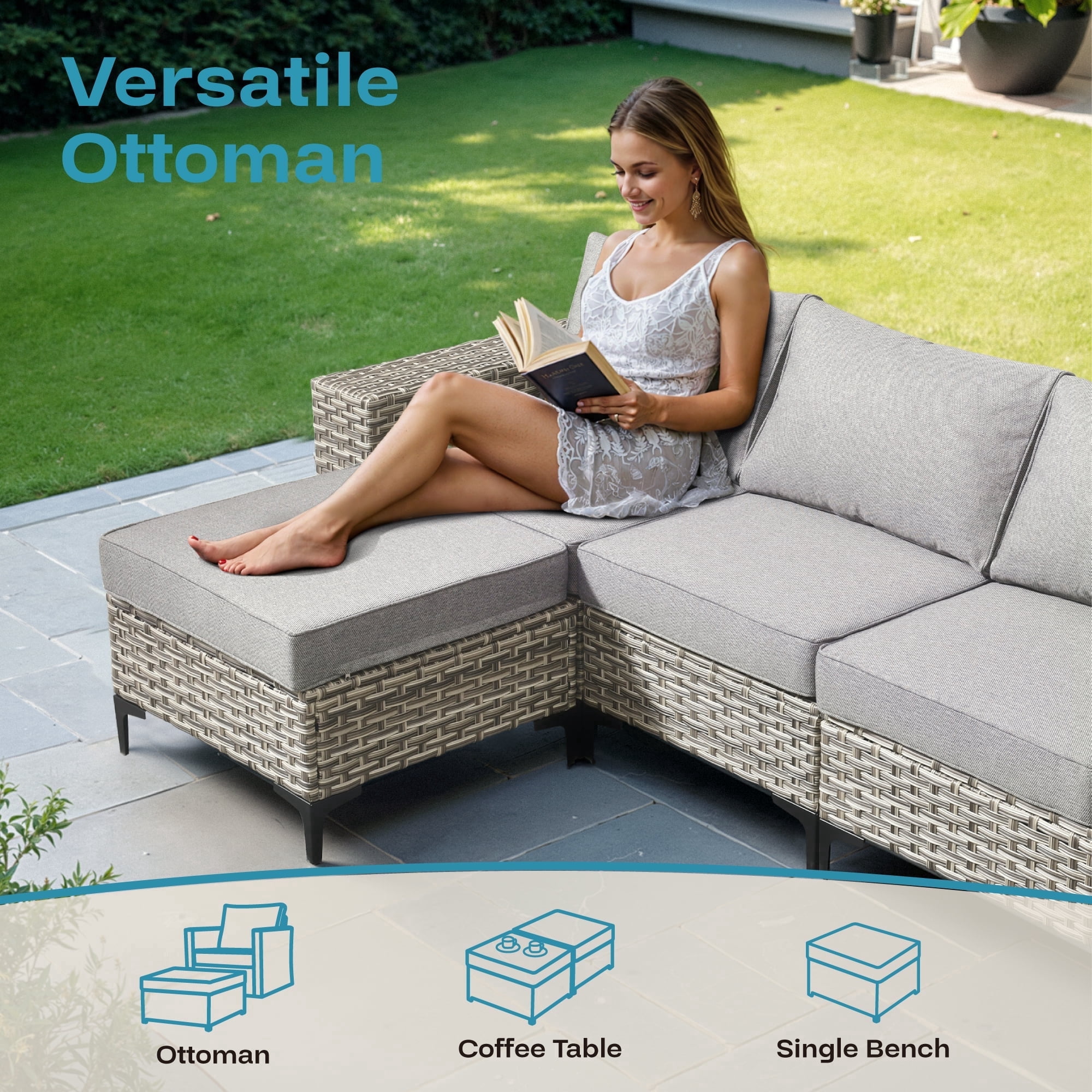 Ovios 9 Pieces Wicker Patio Furniture Sets Outdoor Conversation Sectional Sofa with Swivel Chairs & Fire Pit