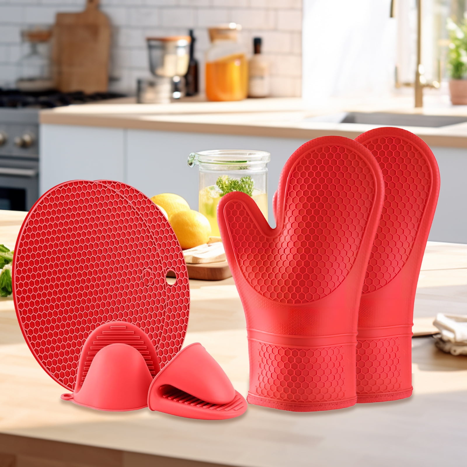 12Pcs Kitchen Oven Mitts and Pot Holders Sets , Extra Long Silicone Oven Gloves Heat Resistant 500 Degrees Non-Slip Potholders Hot Pads for Baking Cooking, Red