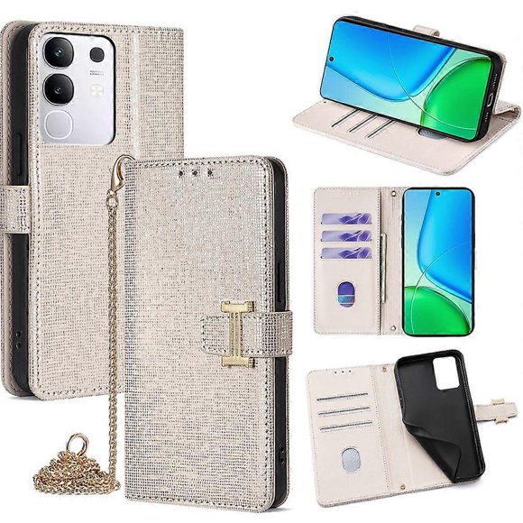 For vivo Y29 4G Case Wallet Sequins Leather Crossbody Phone Cover - Black