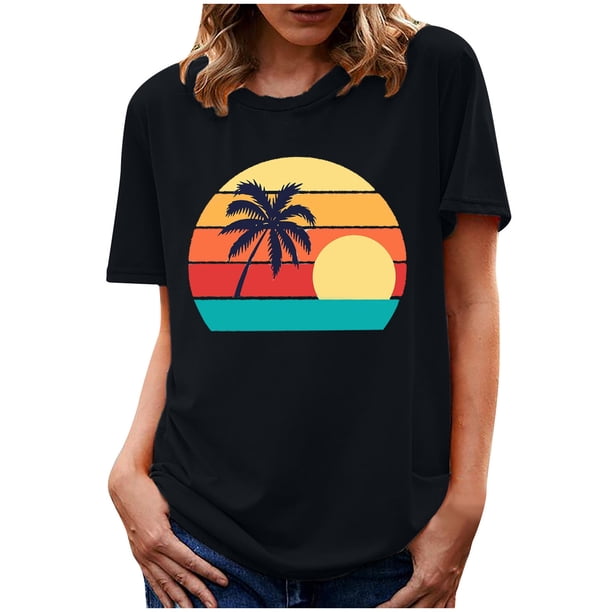 Blusa informal de manga corta con cuello redondo y estampado de verano a la moda para mujer Pompotops hfajkhk135462