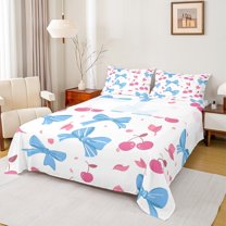 Homewish Cartoon Bowknot Cherry Twin Sheet Sets for Kids, White Blue Pink Twin Fitted Sheet, Kawaii Flower Floral Flat Sheet, Microfiber Bedroom Decor, 3-Piece