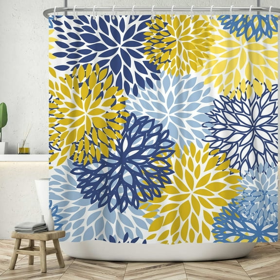 SUNOLIFE Floral Shower Curtain Blue Dahlia Flowers Waterproof Fabric Bathroom Curtain 72x72 in