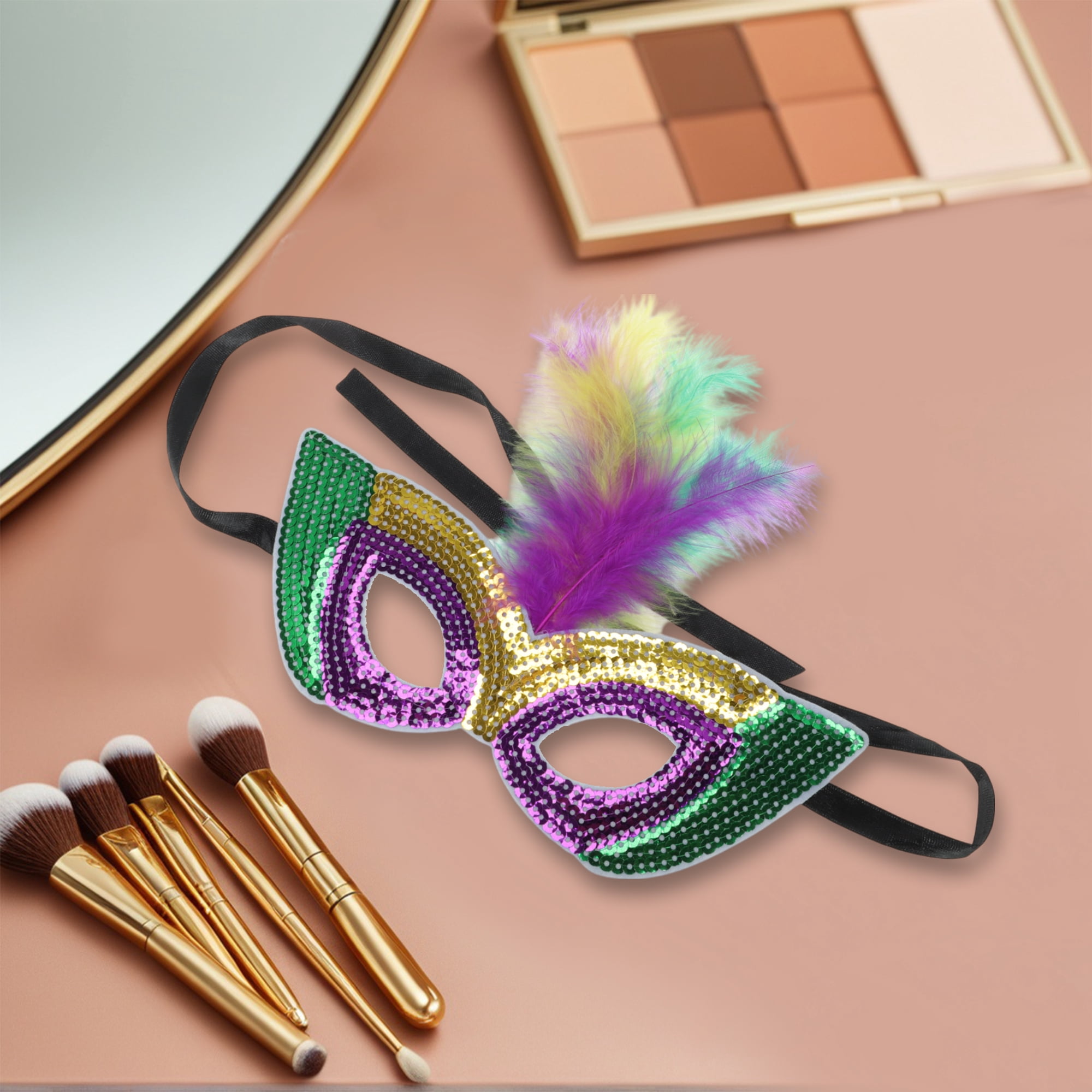 Unique Bargains 1 Pack Colorful Feather Sequins Half Face Party Mask Rose Gold
