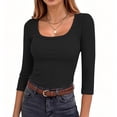 thumbnail image 5 of Hurxie Womens 3/4 Sleeve Scoop Neck Top Ribbed Knit Slim Fitted Casual Basic Tee Shirts Trendy Work T-Shirt Outfits Black,M, 5 of 7
