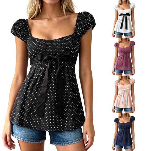 XIAONU Square Neck Puff Sleeve Peplum Top For Women Self Tie Empire Waist Soft Daily Blouse