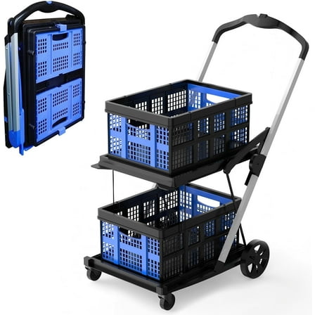 Foldable Grocery Cart with Wheels and Removable Storage Crate, Collapsible Shopping Cart, 2-Tier Portable Utility Cart for Home, GroceriesSupermarket