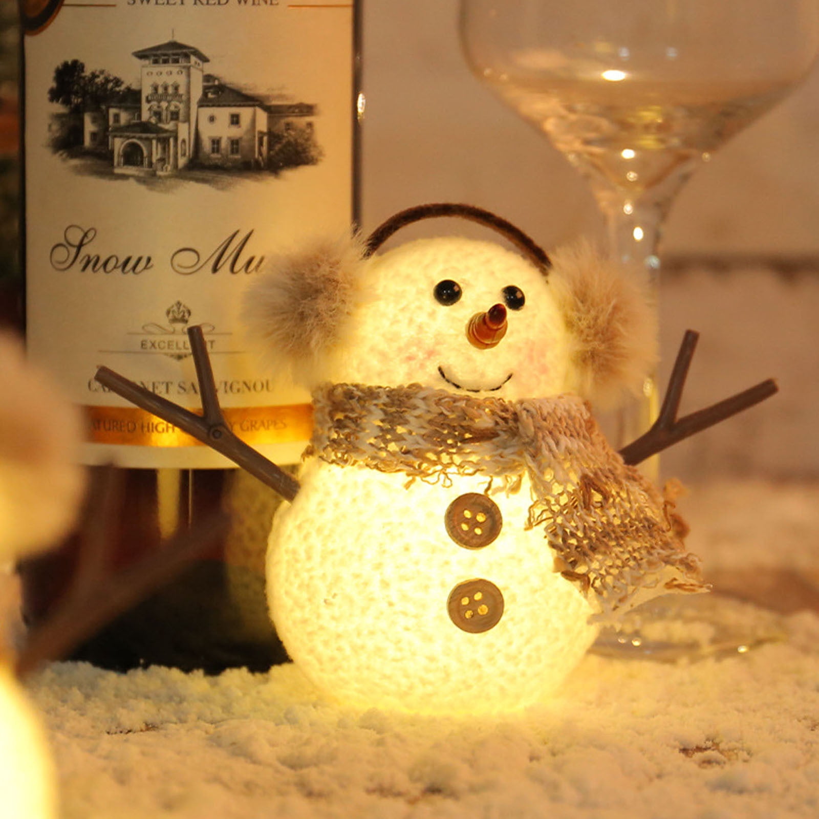 weibbin Christmas Table Decorations, Lighted Snowmen Figurines, Light Up Snowman Holiday Present, Battery Operated Xmas Gifts Tabletop Ornaments Dinner Party Supplies, Brown Brim