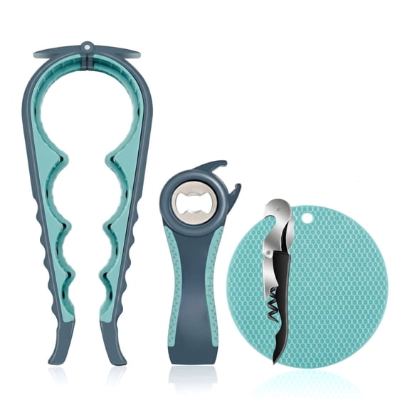 5 in 1 Jar Opener for Weak Hands & Seniors with Arthritis, Non Slip Rubber Gripper Pad, Bottle & Wine Corkscrew Opener for Arthritic Hands - Blue