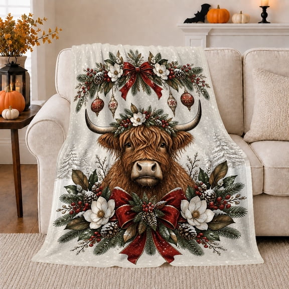 Festive Highland Cow Winter Crown Rustic Christmas Art, Festive Holiday Scene, Warm Flannel Blanket for Ranch House and Living Room, Art Lovers Christmas Gift, Festive Home Decor