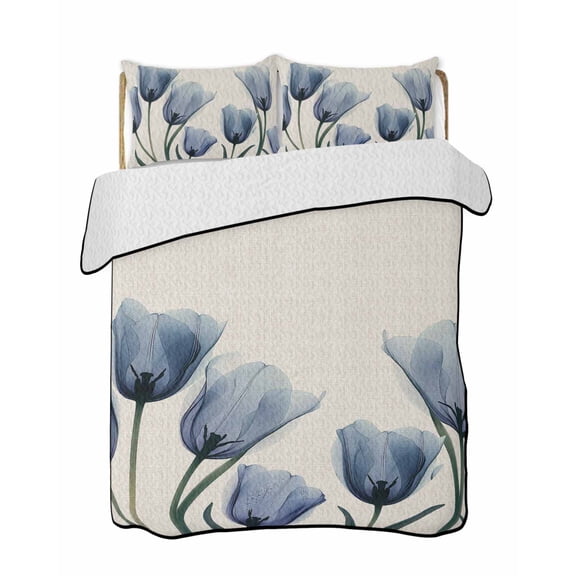 Spring Floral Summer Quilt Set King Size, Soft Microfiber Quilted Bedding Set with 2 Pillow Shams, Blue Tulip Summer Botanical Rustic Lightweight All Season Bedspread Coverlet for Bedroom 96"x106"