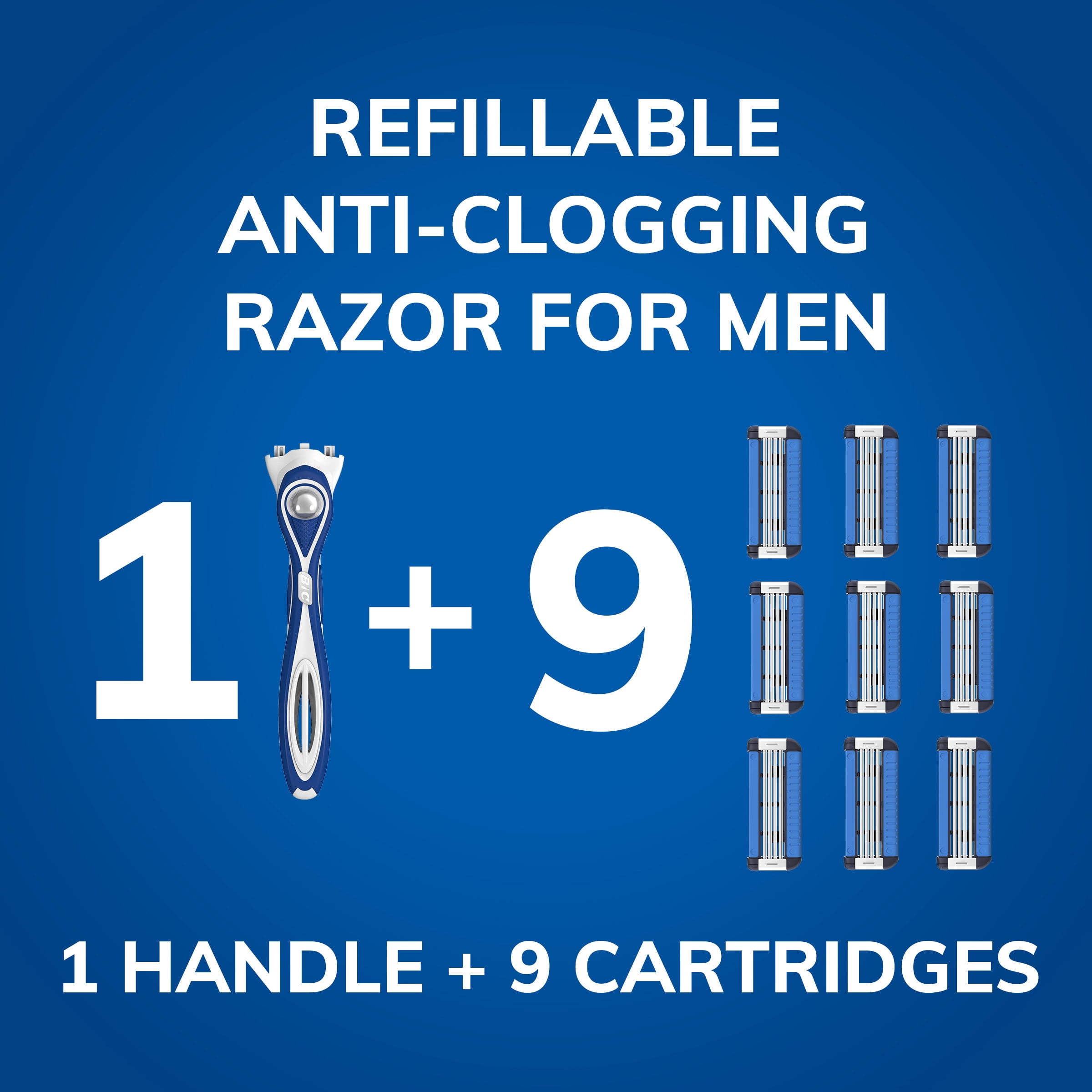 BIC EasyRinse Anti-Clogging Refillable Razors, Men's, 4-Blade, 1 Handle and 9 Refill Cartridges