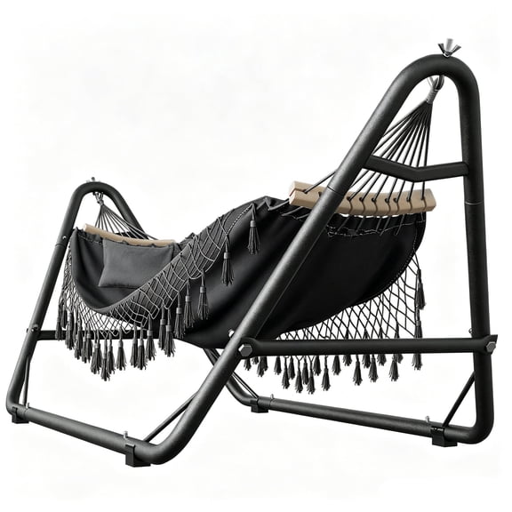 Yacona Hammock with Stand for Outside, Heavy Duty Steel Hammocks with Pillow for Backyard, Porch, Patio, Garden, Black