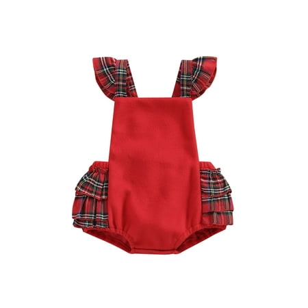 

Binpure Baby Romper Plaid Square Neck Fly Sleeve/ Sleeveless Bodysuit Summer Outfit for Girls