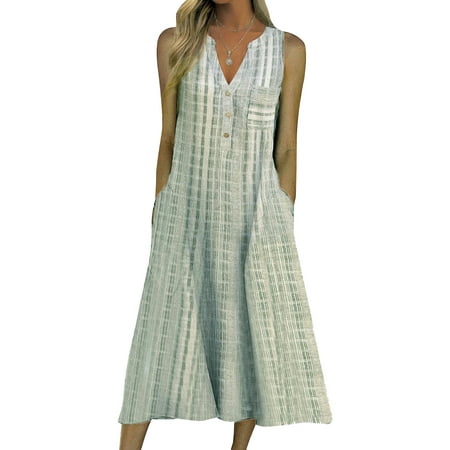 

Franhais Women Summer Sleeveless Dress Adults Casual Striped V-neck One-piece with Pockets